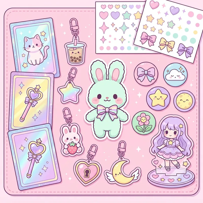 Pastel anime merch: holographic cards, acrylic charms, pins, a bunny plush and sticker sheets