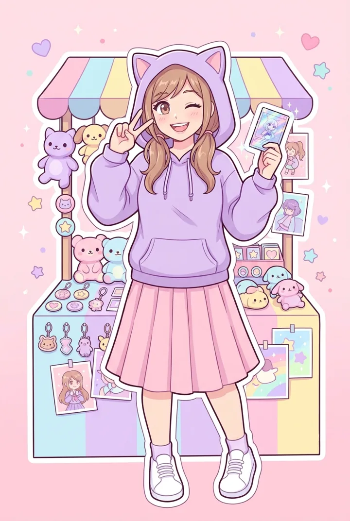 Anime shopkeeper in a lavender cat-ear hoodie holding up a holographic card at a pastel merch stall