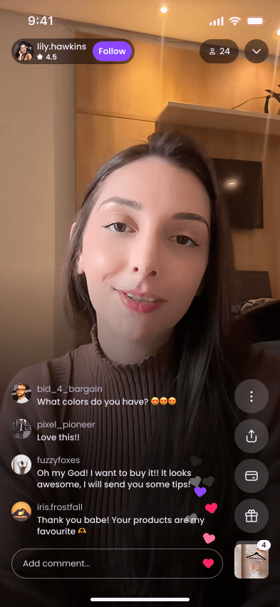 A Teasr live show with viewers chatting, reacting, and buying